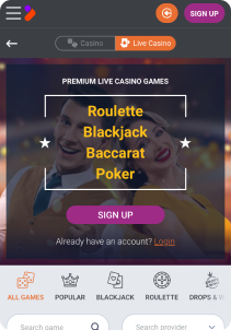 TonyBet mobile screen live casino