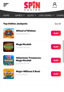 Spin Casino mobile screen slots games