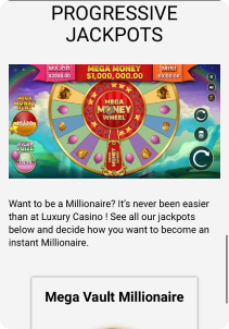 Luxury Casino mobile screen progressive jackpot