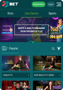 22Bet Casino mobile screen live casino
