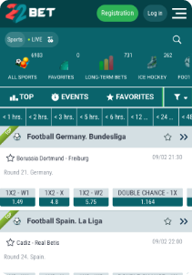 22Bet Casino mobile screen sports games