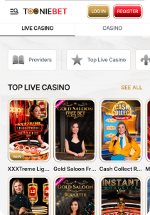 TooNieBet Casino mobile screen top live casino