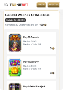 TooNieBet Casino mobile screen weekly challenge