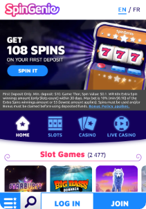 Spin Geni mobile screen popular games