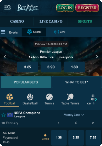 BetAlice casino screen sports