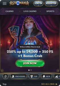 Astromania Casino Mob Screen main page