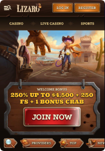 Lizaro Casino Mob Screen main page
