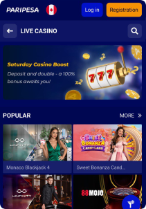 Paripesa Casino Mob Screen liive games