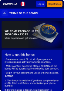 Paripesa Casino Mob Screen promotions