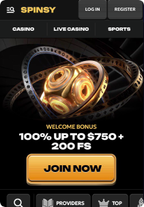Spinsy Casino Mob Screen main page
