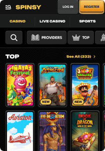 Spinsy Casino Mob Screen slots games