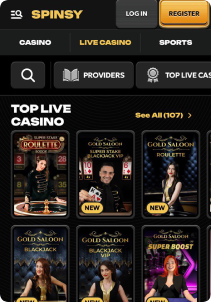 Spinsy Casino Mob Screen live games