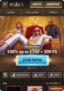 Realz Casino Mob Screen main page