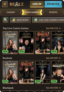Realz Casino Mob Screen live games