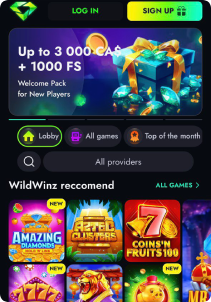 WildWinz Casino Mob Screen main page