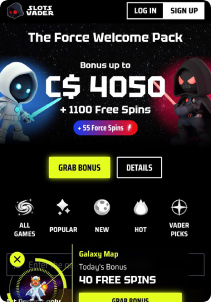SlotsVader Casino Mob Screen main page
