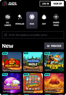 SlotsVader Casino Mob Screen slots games