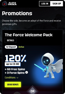 SlotsVader Casino Mob Screen promotions