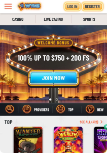 Wyns Casino Mob Screen main page