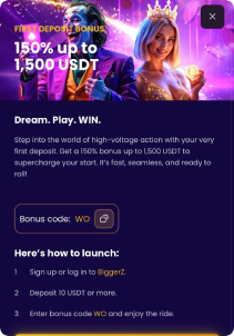 BiggerZ Casino Mob Screen bonus ppromotions