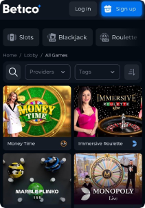 Betico.io Casino Mob Screen live games