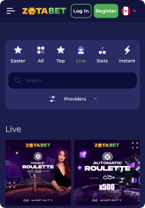 Zotabet Casino Mob Screen live games