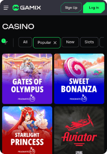 Gamix Casino mobile screen popular games