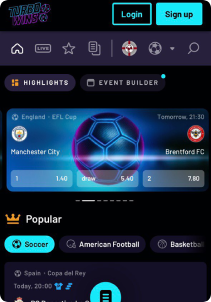 TurboWin Casino mobile screen sports