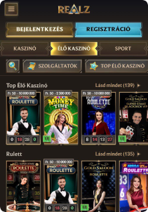 Realz Casino mobile screen liive games