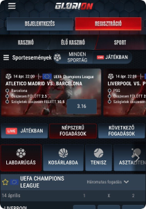 Glorion Casino mobile screen sports games