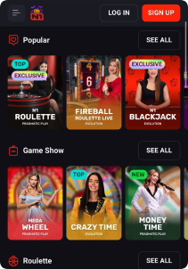 N1Bet casino mob screen live games