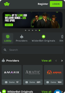 WilderBet casino mob screen main page