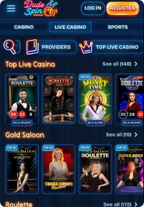 DudeSpin casino mob screen live games