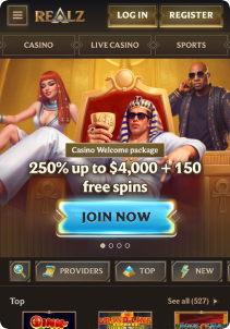 Realz casino mob screen main page
