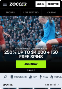 Zoccer casino mob screen main page