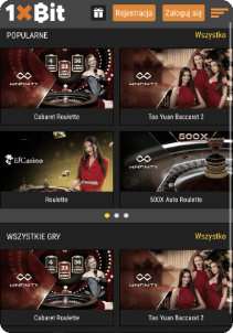 1xBIT casino mobile screen live games