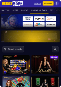VegasNova casino mobile screen live games