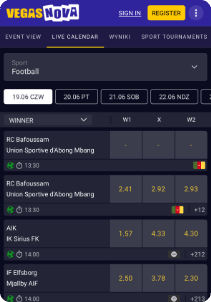 VegasNova casino mobile screen sports