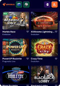 Winarius casino mobile screen live games