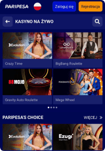 paripesa casino mobile screen live games