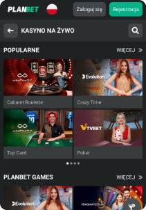 PlanBet casino mobile screen live casino