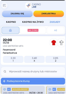 CasinoLab mobile screen sports games