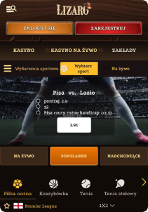 Lizaro Casino mobile screen sports