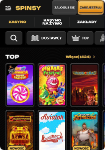 Spinsy Casino mobile screen slots games
