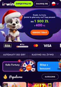 IrWin Casino mobile screen maine page