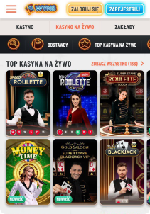 Wins Casino mobile screen live games