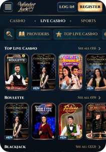 Wonderluck Casino mobile screen live games
