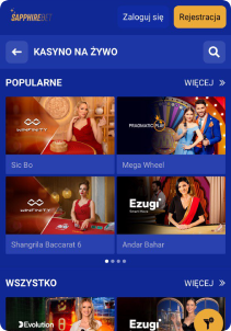Sapphire Casino mobile screen live games