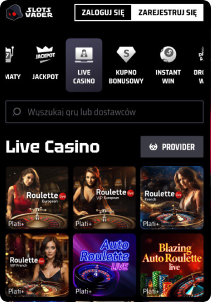SlotsVader Casino mobile screen live games