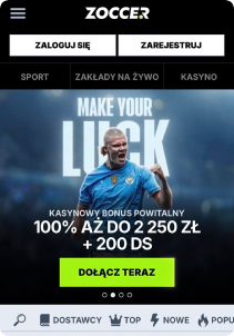 Zoccer Casino mobile screen mane page